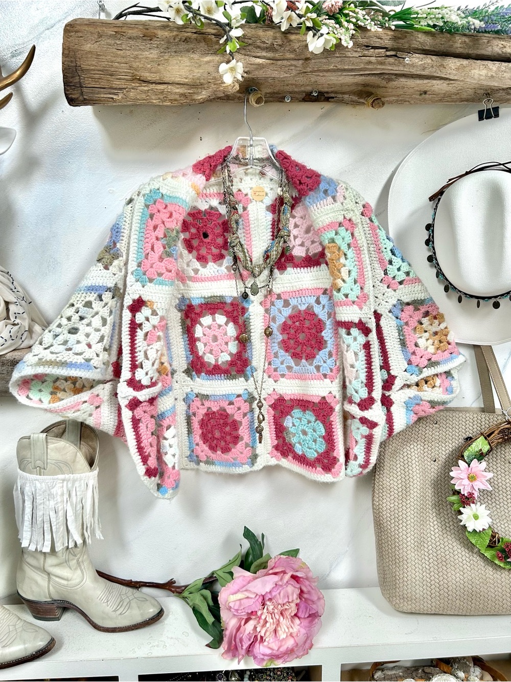 Artisan Granny square Vintage Crochet Shrug w
cottagecore granny prairie vibe